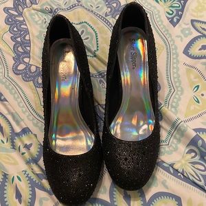 Sliver slipper black rhinestone heels